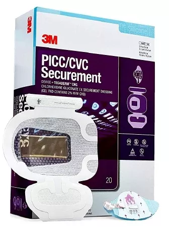 3M PICC/CVC Securement Device + Tegaderm™ with CHG IV Dressing 3M™ Tegaderm™ CHG (Chlorhexidine Gluconate) 3-1/2 X 4-1/2 Inch Sterile - Case of 80 - 1877-2100-CS