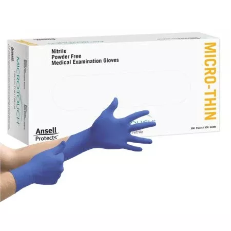 Ansell Exam Glove Micro-Touch Micro-Thin Large NonSterile Nitrile Standard Cuff Length Textured Fingertips Blue Not Rated - Box of 300 - 6034313-BX