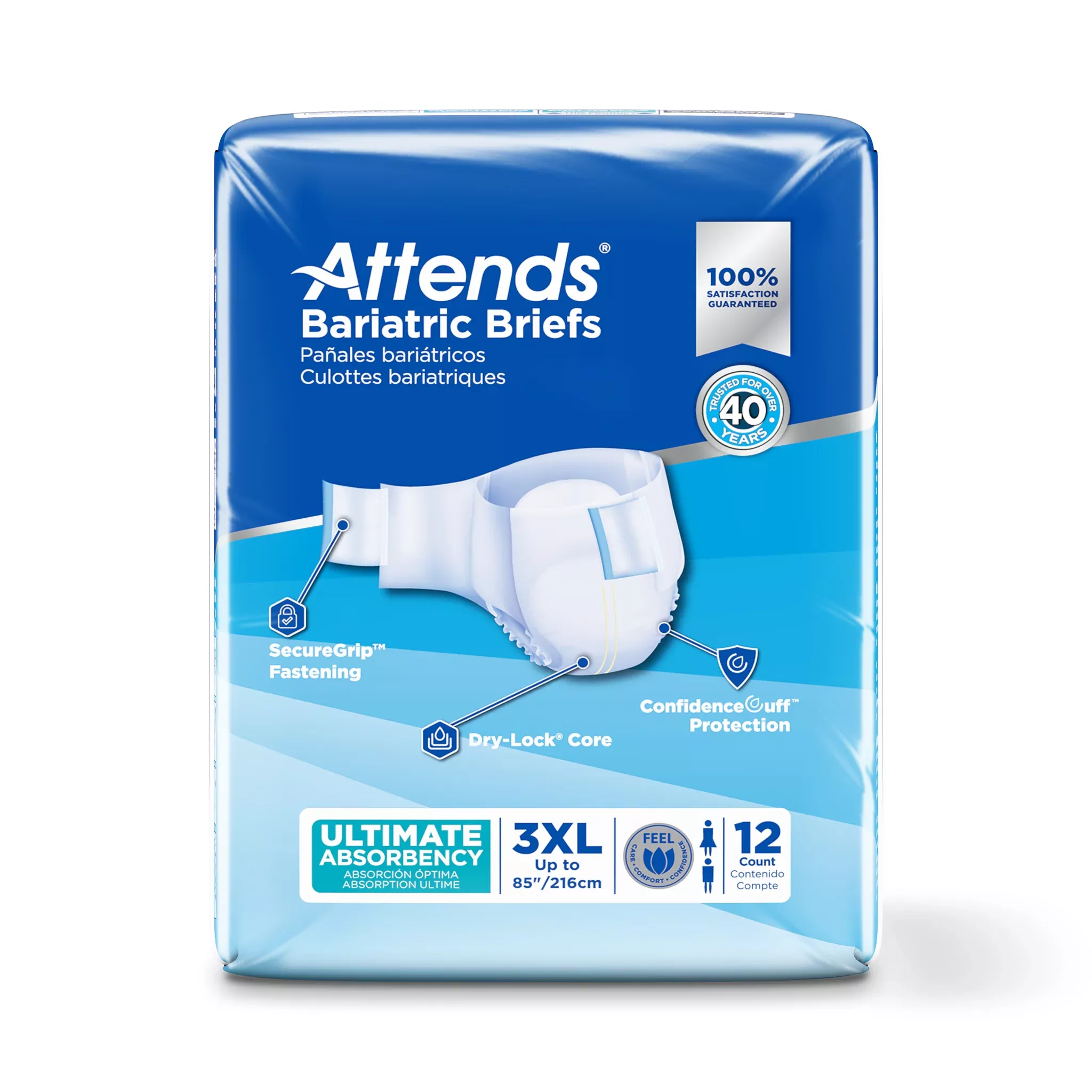 Attends Bariatric Brief, Ultimate Absorbency, 3XL, Up to 85"- Pack of 12