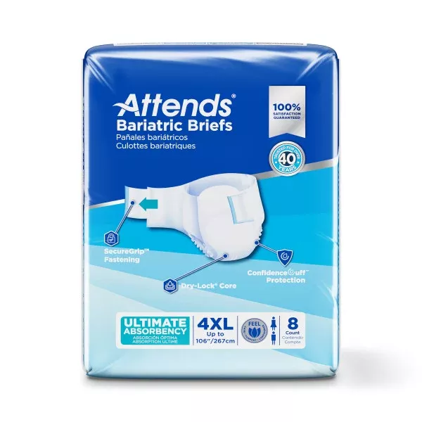 Attends Bariatric Brief, Ultimate Absorbency, 4XL, Up to 106"- Pack of 8