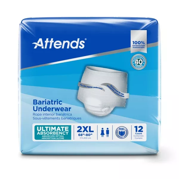 Attends Bariatric Underwear, Ultimate Absorbency, XX-Large, 68"- 80"- Package of 12