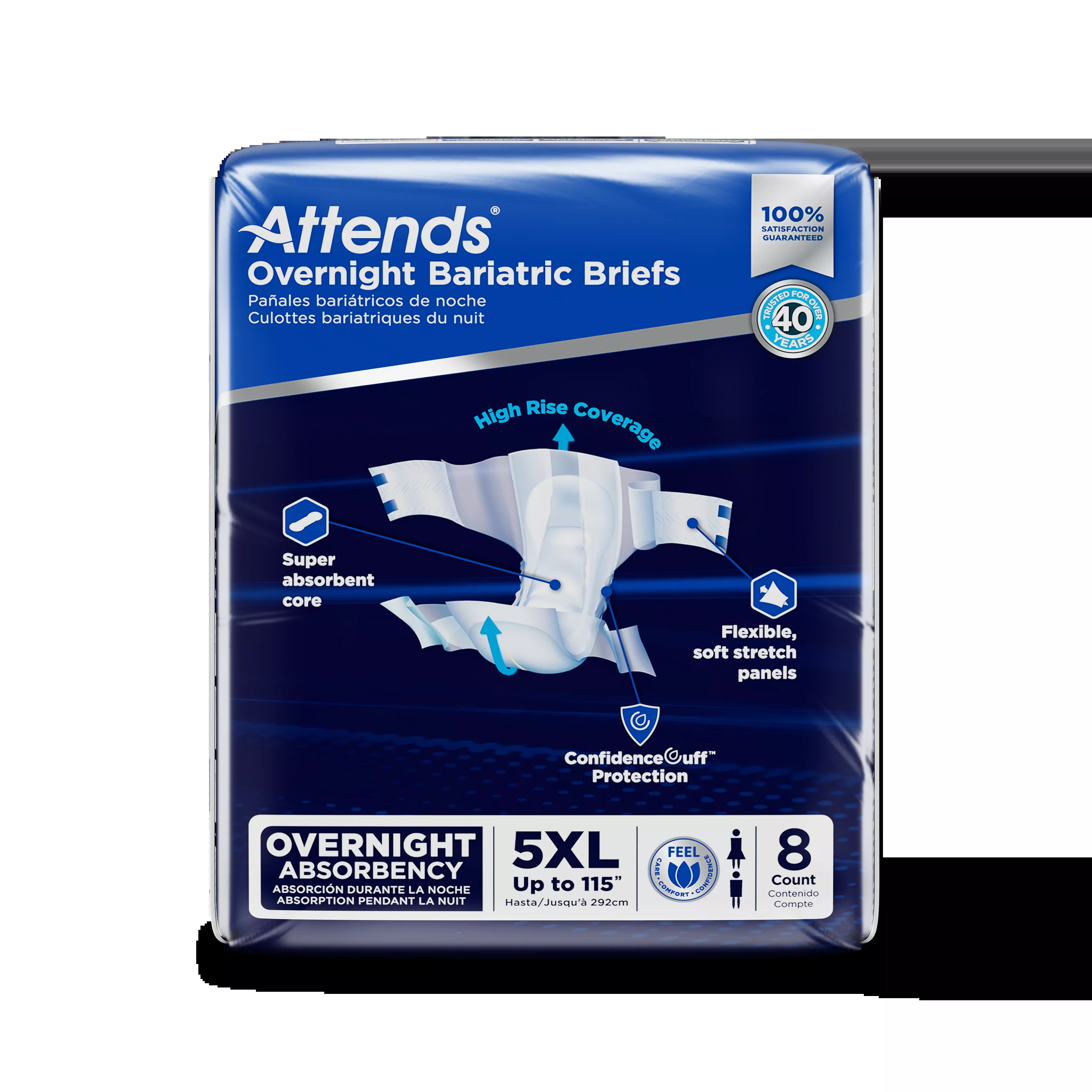 Attends Overnight Bariatric Briefs, 5XL, Up to 115"- Pack of 8