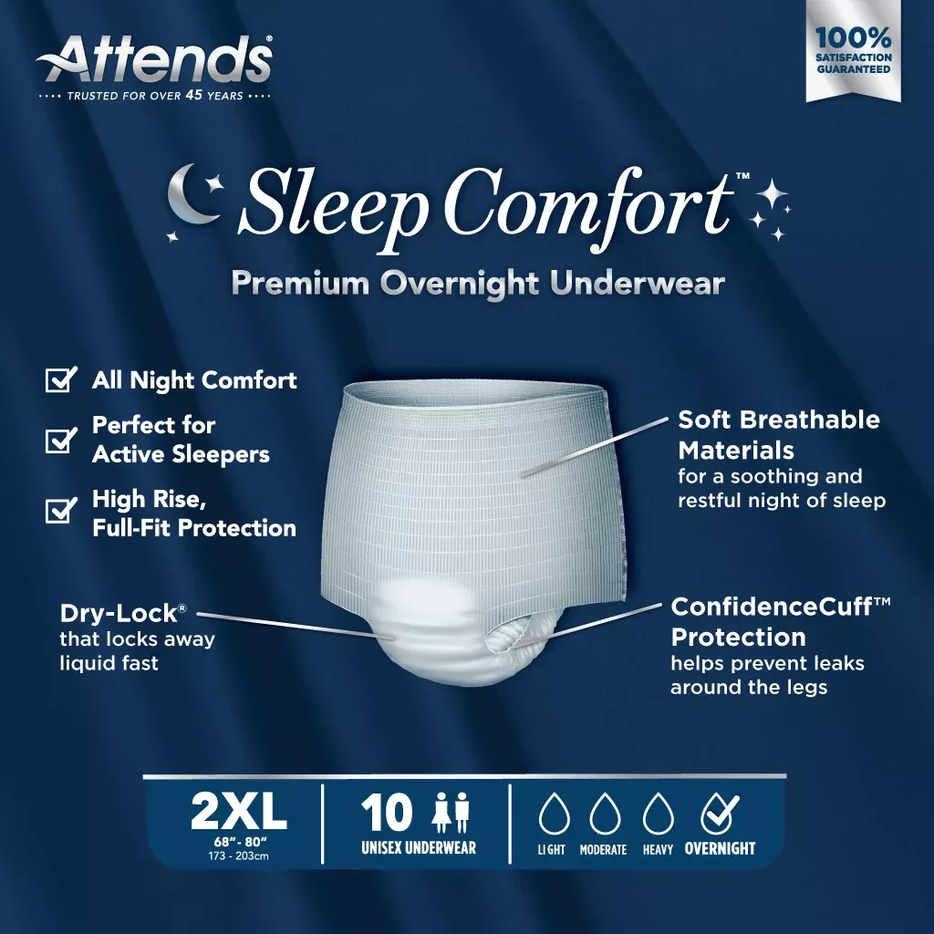 Attends Sleep Comfort™ Premium Overnight Underwear, 2X-Large- Package of 10