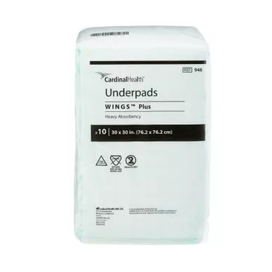 Cardinal Health 948 - Disposable Underpad Wings™ Plus 30 X 30 Inch Fluff / Polymer Heavy Absorbency