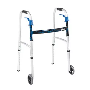 Drive Medical 10227-4 - Dual Release Folding Walker with Wheels Adjustable Height drive™ Deluxe Aluminum Frame 350 lbs. Weight Capacity 26 to 33-1/2 Inch Height