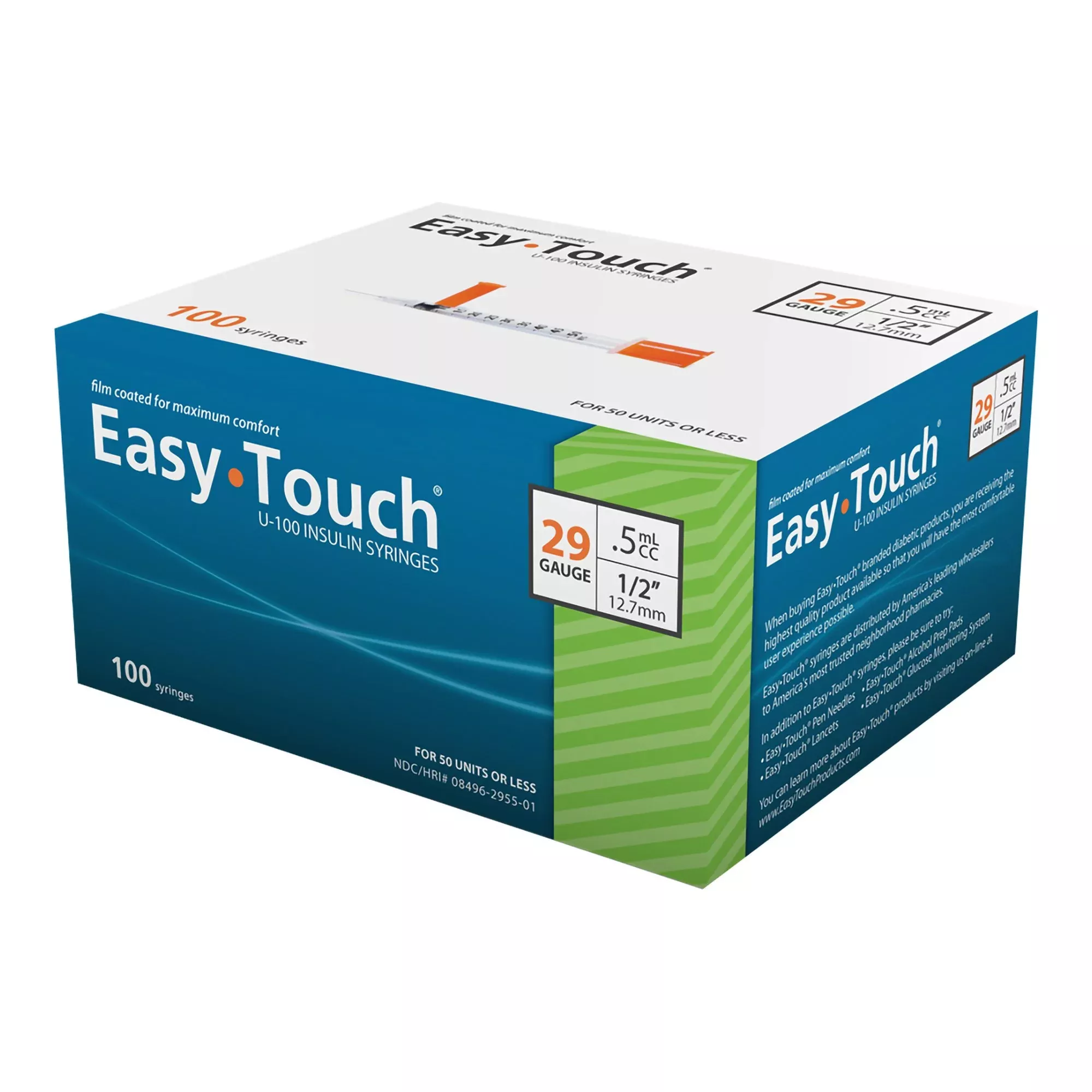 Easy Touch Insulin Syringe 29g X 1/2", 0.5 Ml, (100 Count)- Box of 100