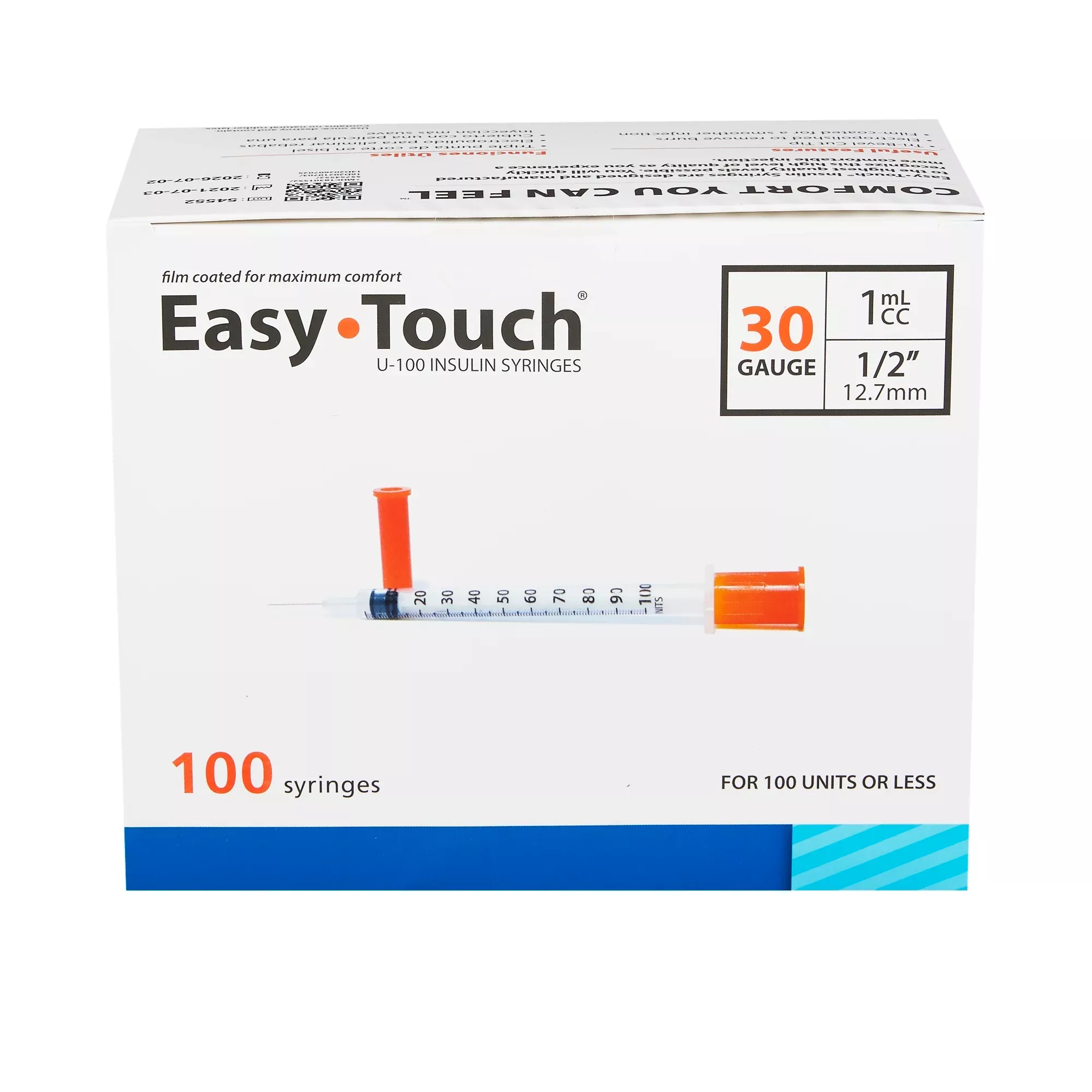 Easy Touch Insulin Syringe 30g X 1/2", 1 Ml- Box of 100