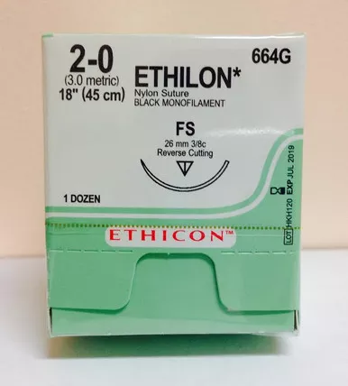 Ethicon 664G - ETHILON Nylon Suture, Reverse Cutting, 45cm, Size: 2-0
