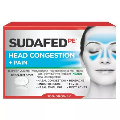 J&J 55120 - Sudafed PE Sinus Head Congestion + Pain Non-Drowsy Caplets 20 ct