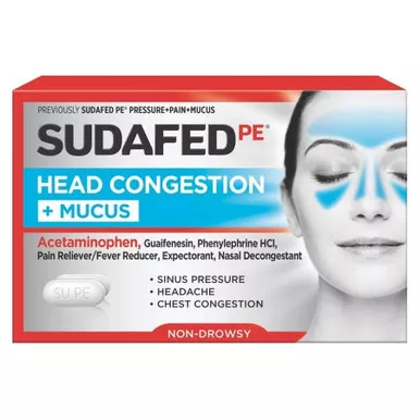 J&J 58026 - Sudafed PE Sinus Head Congestion + Mucus Non-Drowsy Tablets 24 ct
