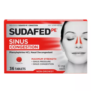 J&J 58136 - Sudafed PE Sinus Congestion Max Strength Non-Drowsy Tablets 36 ct