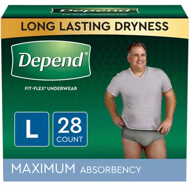 Kimberly Clark 53745 - Depend FIT-FLEX Incontinence Underwear for Men, Maximum Absorbency, Large, Gray, 28 Count, Replaces Item 6947927