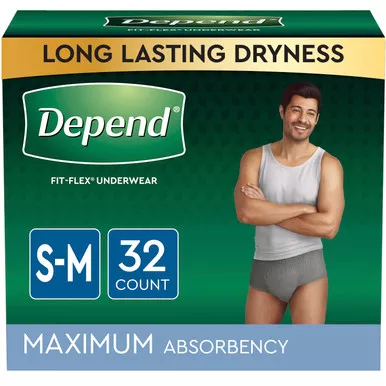 Kimberly Clark 53748 - Depend FIT-FLEX Incontinence Underwear for Men, Maximum Absorbency, Small/Medium, Gray, 32 Count, Replaces Item 6912539
