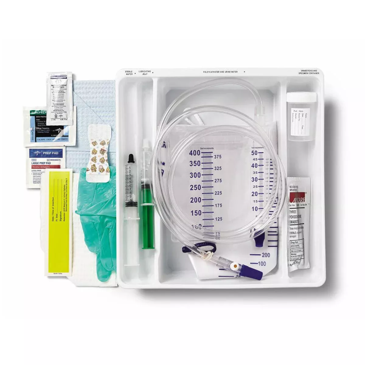 Medline Buddy the Brave Add-A-Cath Foley Catheterization System - Buddy the Brave Total 1-Layer Add-A-Cath Trays with 400 mL Urine Meter with 2, 500 mL Drain Bag, Pre-Filled Syringe with 10 mL Sterile Water, Peri Wipe - URO170350A