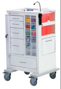 Medline Co-Label Phlebotomy Carts - Phlebotomy Carts, 5 Drawer with Gatelock, 12 Clear Plastic Tilt Bins, Lock Area for Sharps Container, Waste Bin, Key Lock - MTWA-34696-WHT