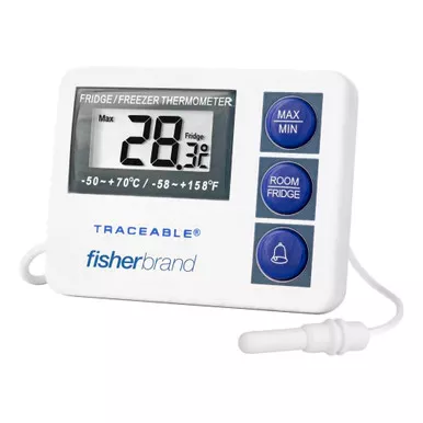 PANTek Technologies LLC S01556 - Digital Refrigerator / Freezer Thermometer with Alarm Fisherbrand™ Fahrenheit / Celsius -58° to +158°F (-50° to +70°C) External Probe Flip-out Stand / Wall Mount Battery Operated