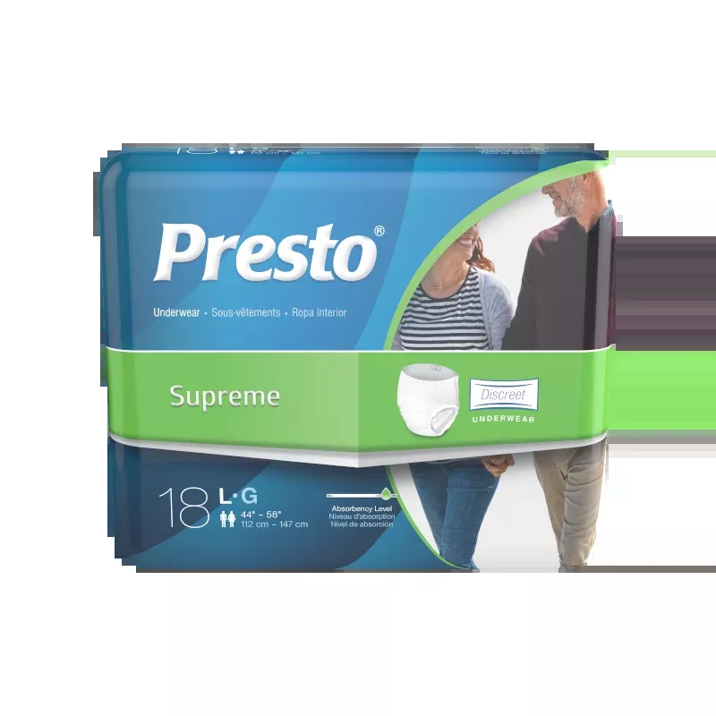Presto Discreet Underwear, Large, Unisex, 44" - 58"- Package of 18