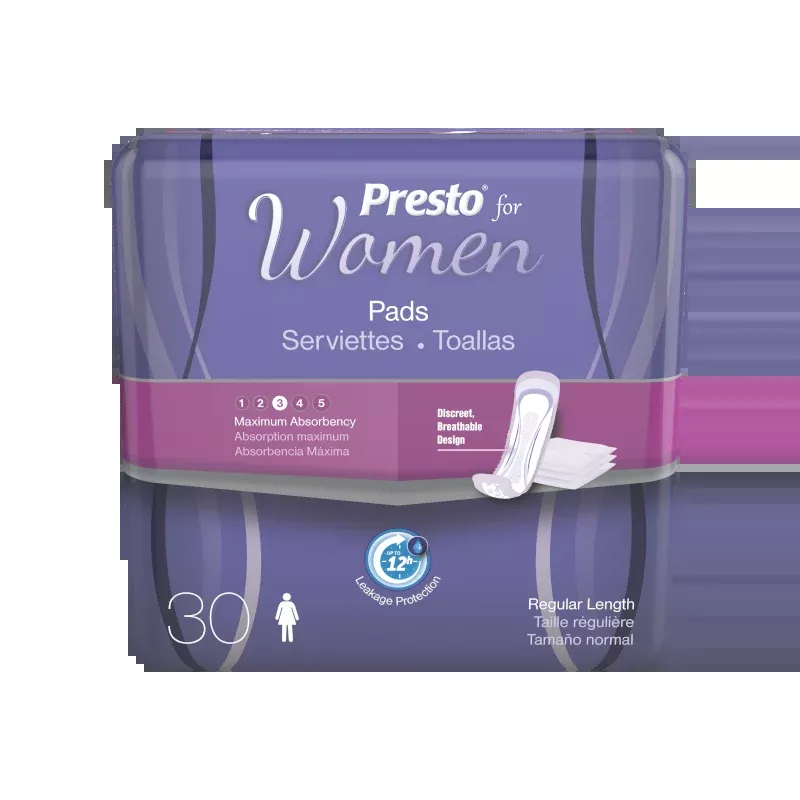 Presto Maximum Absorbency Incontinence Pad, 12"- Package of 30