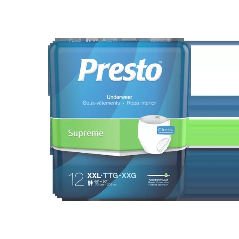 Presto Supreme Classic Protective Underwear Unisex XX-large 68" - 80" Maximum Absorbency- Package of 12