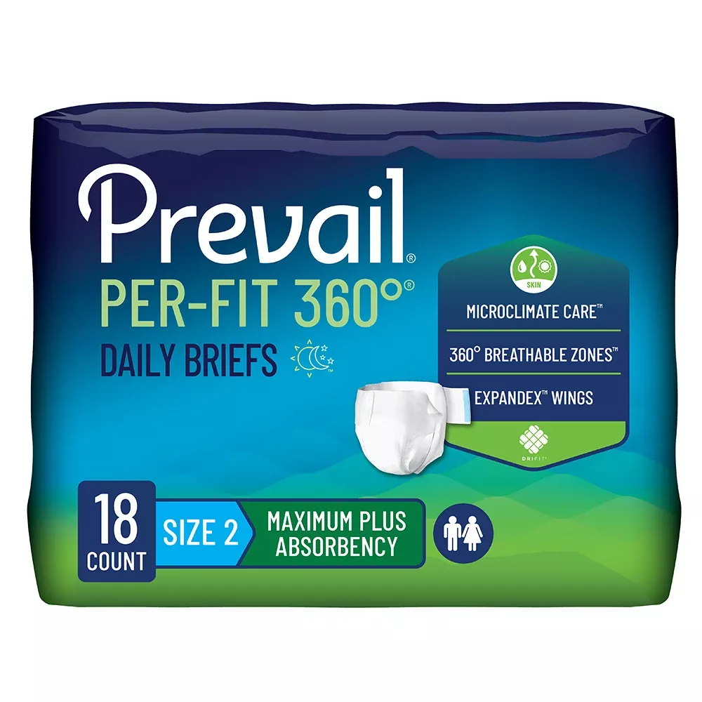 Prevail Per-Fit 360 Incontinence Briefs, Maximum Plus Absorbency, Large/Size 2- Package of 18