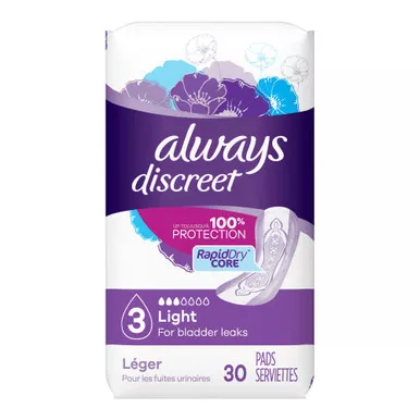 Procter & Gamble 03700088658 - Bladder Control Pad Always Discreet 9.4 Inch Length Light Absorbency Super Absorbent Core Size 3