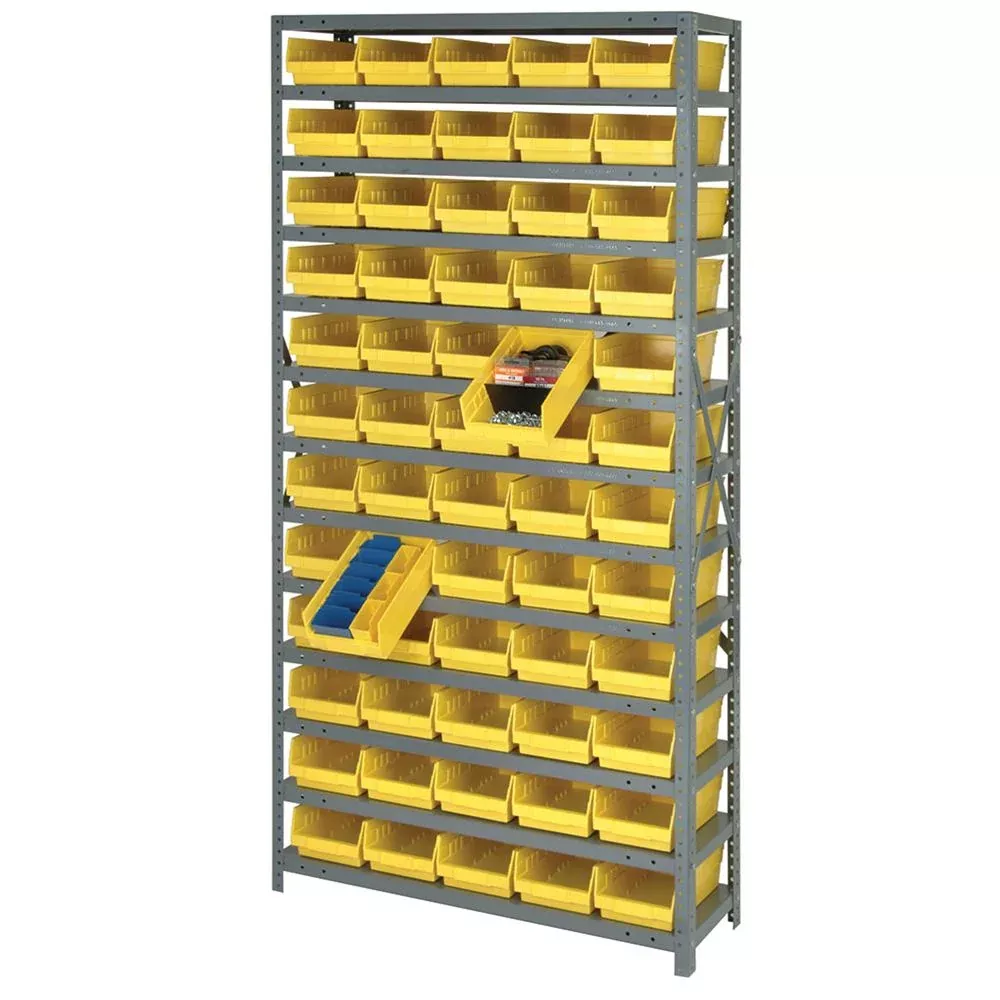 Quantum Complete Economical Bin and Shelving Packages Bin and Shelving Package, 36 Bins, 13 Shelves, 18"D x 75"H, Blue - 926953/BLUE/NA
