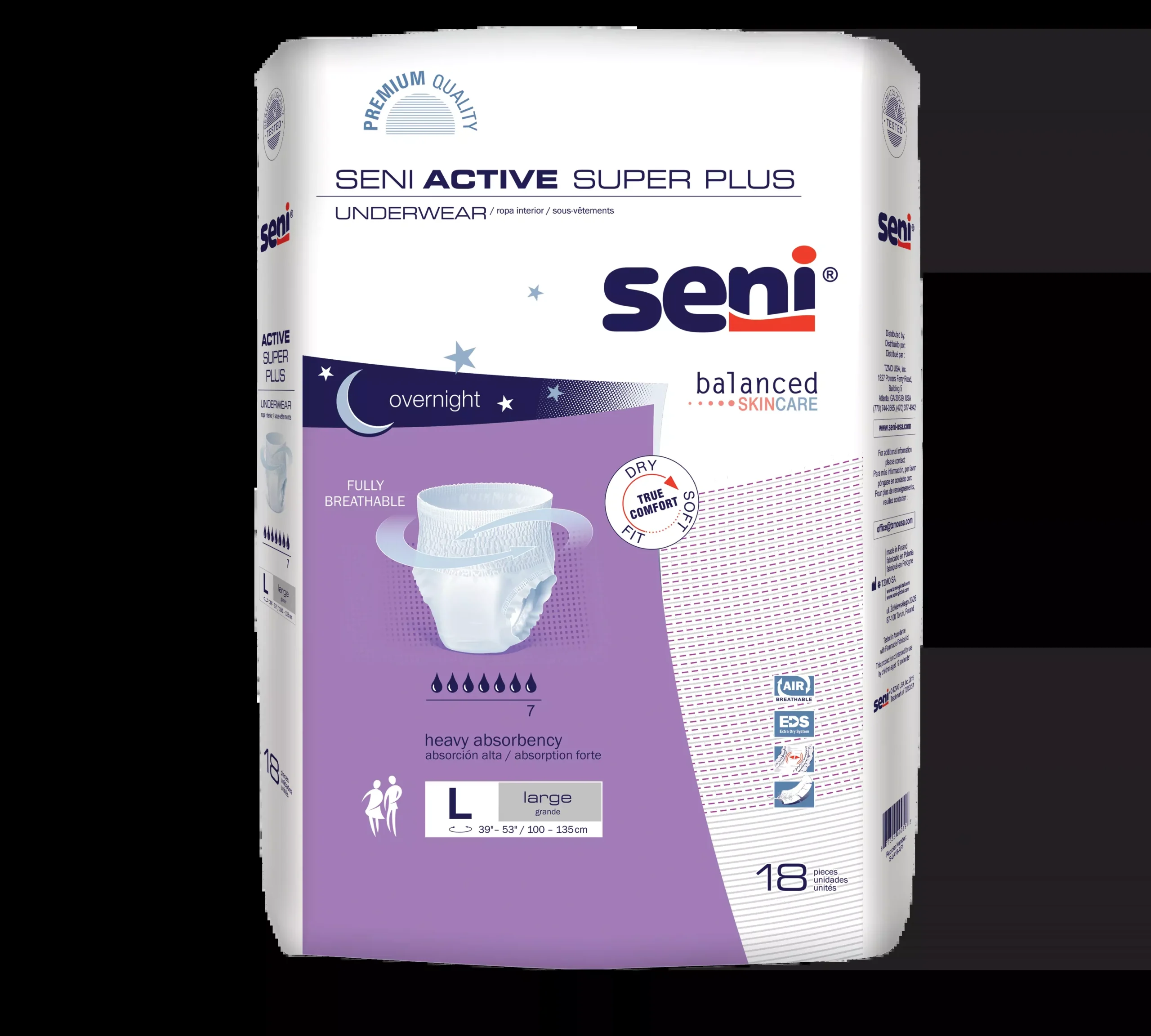 Seni Active Super Plus Pull-on Underwear, Large - 39" - 53"- Pack(age) of 18