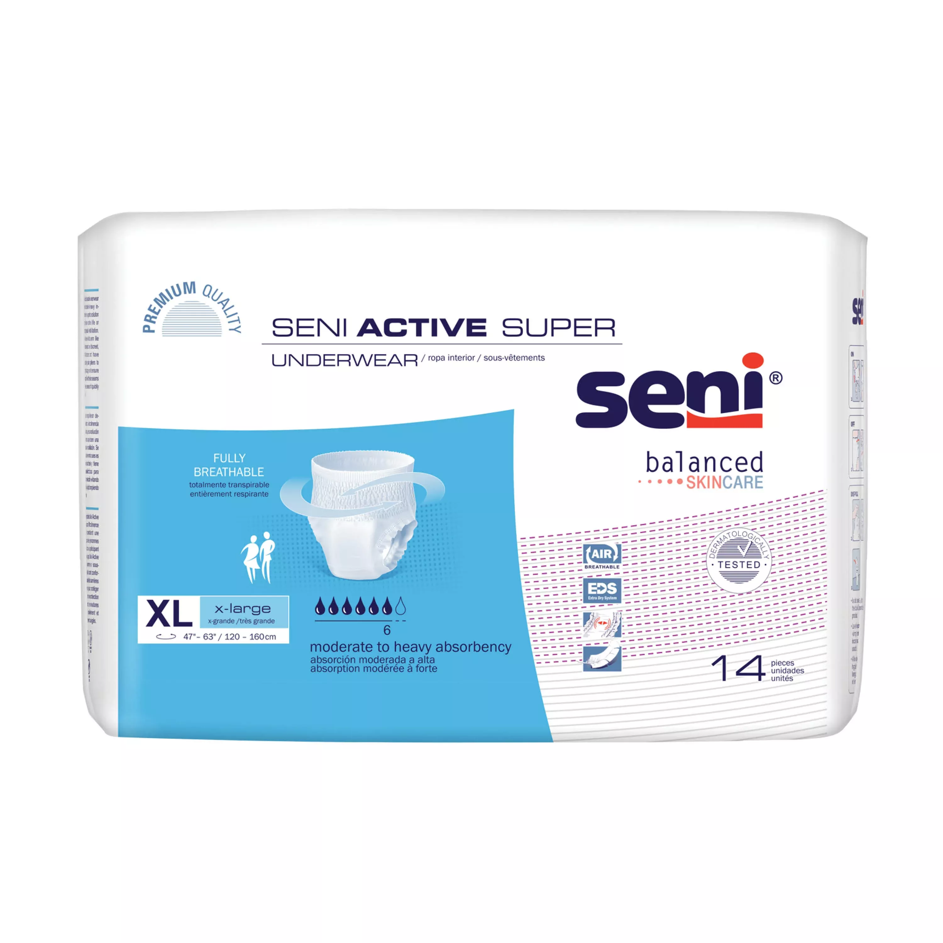 SENI ACTIVE SUPER PULL UP UNDERWEAR X-LARGE- 47"-63"- Pack of 14