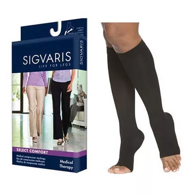Sigvaris 862CMSO99 - 862C Essential Opaque Calf, 20-30mmHg, Open Toe, Medium, Short, Black