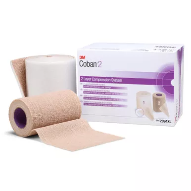 Solventum Corporation 2094XL - 2 Layer Compression Bandage System 3M™ Coban™ 2 4 Inch X 3-4/5 Yard / 4 Inch X 6-3/10 Yard Self-Adherent / Pull On Closure Tan / White NonSterile 35 to 40 mmHg