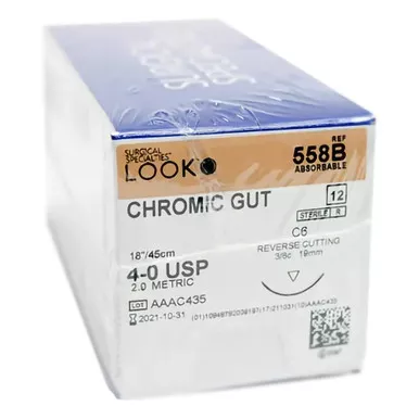 Surgical Specialties 558B - Absorbable Suture with Needle LOOK Chromic Gut C-6 3/8 Circle Reverse Cutting Needle Size 4-0