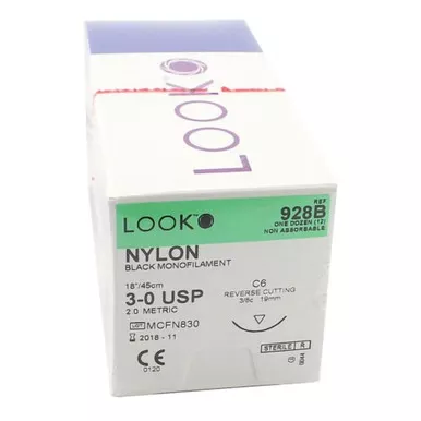 Surgical Specialties 928B - Nonabsorbable Suture with Needle LOOK Nylon C-6 3/8 Circle Reverse Cutting Needle Size 3-0 Monofilament
