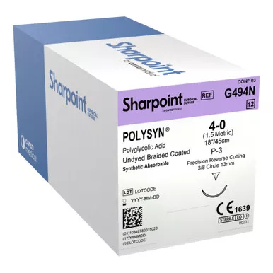 Surgical Specialties G494N - Absorbable Suture with Needle PolySyn™ Polyglycolic Acid P-3 3/8 Circle Precision Reverse Cutting Needle Size 4-0 Braided