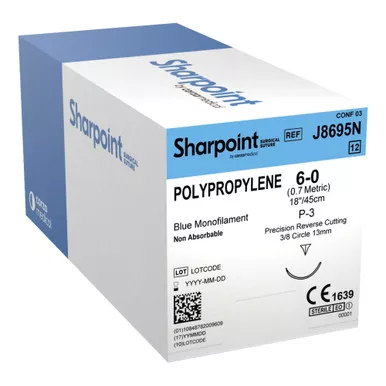 Surgical Specialties J8695N - Nonabsorbable Suture with Needle Surgical Specialties™ Polypropylene DSM13 3/8 Circle Precision Reverse Cutting Needle Size 6-0 Monofilament