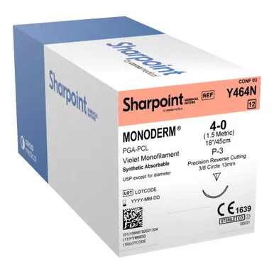 Surgical Specialties Y464N - Absorbable Suture with Needle Monoderm™ Polyglycolic Acid / PCL P-3 3/8 Circle Precision Reverse Cutting Needle Size 4-0 Barbed Monofilament
