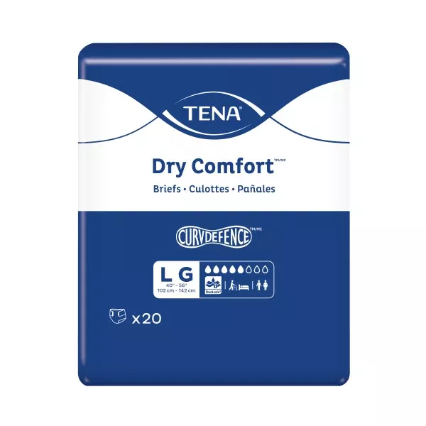 TENA Dry Comfort Incontinence Briefs, Moderate Absorbency, Unisex, Large, 40" - 56"- Pack of 20