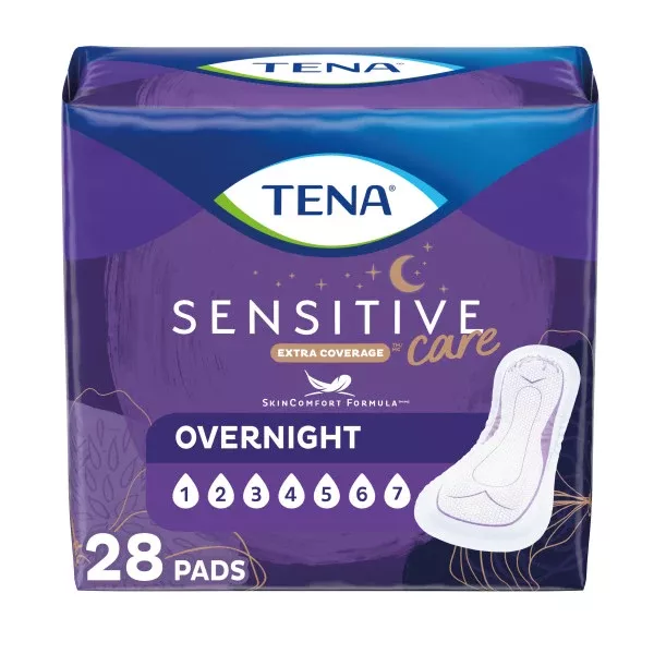 TENA Sensitive Care Extra Coverage Overnight Pads, 16"- Pack of 28