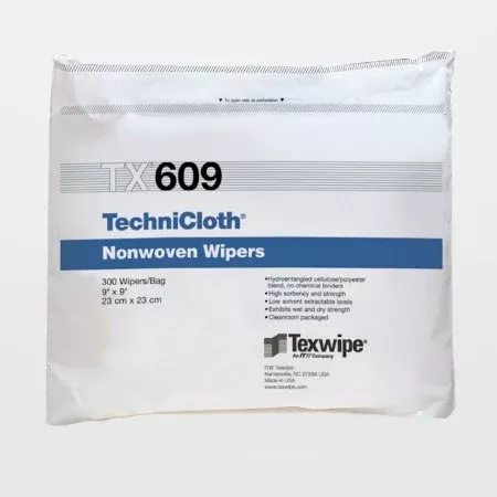 Texwipe Cleanroom Wipe TechniCloth ISO Class 5 - 8 White NonSterile 45% Polyester / 55% Cellulose Nonwoven 9 X 9 Inch Disposable - Bag of 300 - TX609-BG
