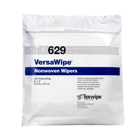 Texwipe Cleanroom Wipe VersaWipe White NonSterile 45% Polyester / 55% Cellulose Nonwoven 9 X 9 Inch Disposable - Bag of 300 - TX629-BG