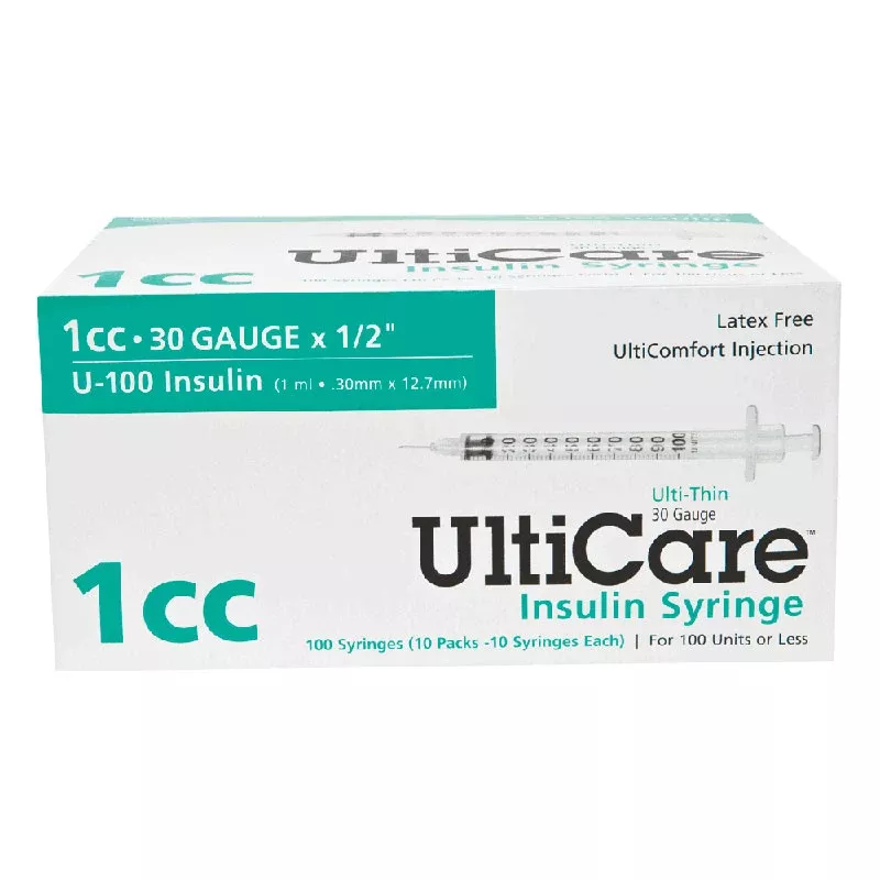 Ulticare Insulin Syringe 30g X 1/2", 1 Ml (100 Count)- Box of 100
