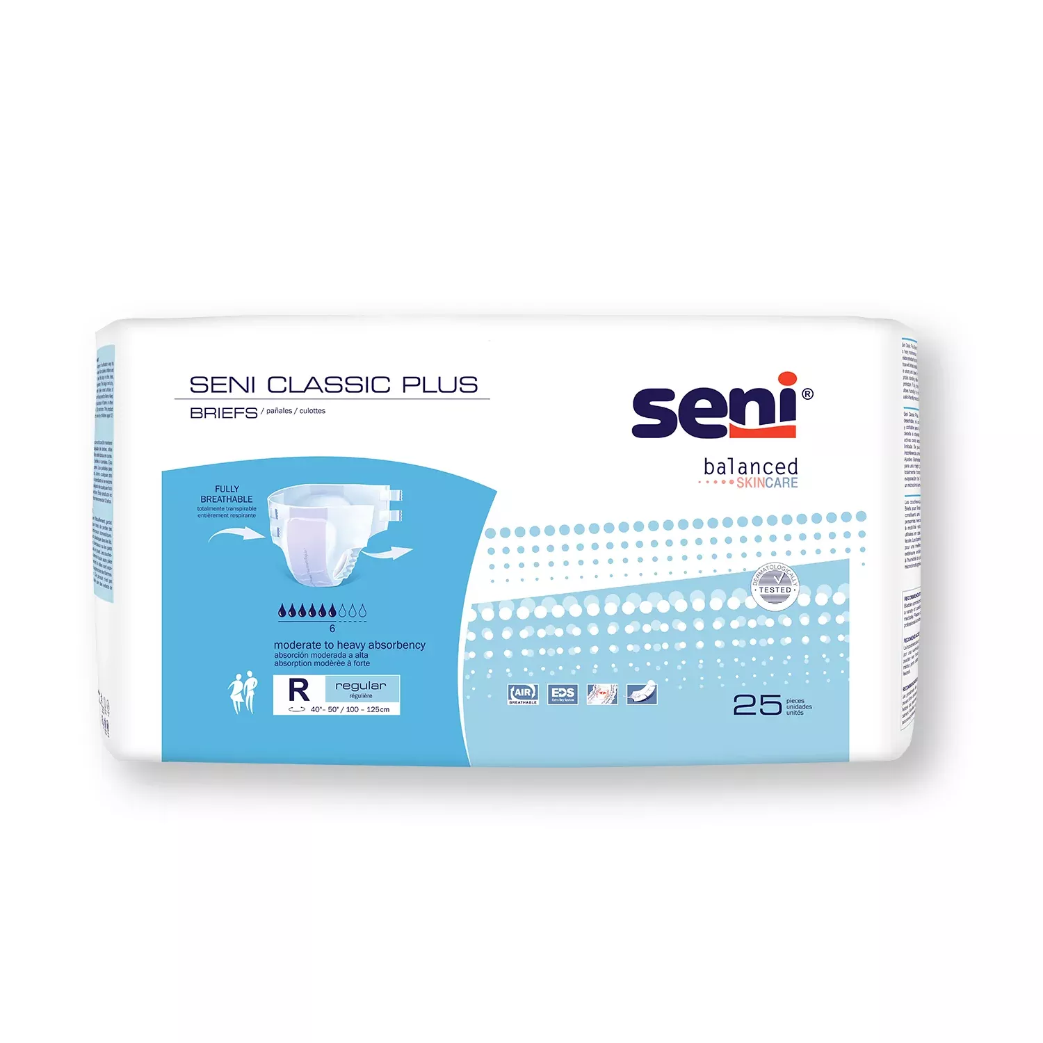 Unisex Adult Incontinence Brief Seni Classic Plus Regular Disposable Moderate Absorbency- 40"-50"- Pack of 25
