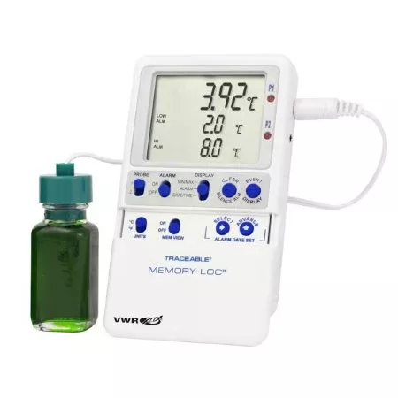 VWR International Refrigerator / Freezer Temperature Data Logger with Alarm VWR Traceable Memory-Loc™ Fahrenheit / Celsius -58° to +158°F (-50° to +70°C) 2 Glycol Bottle Probes Multiple Mounting Options Battery Operated - Each - 10048-650-EA